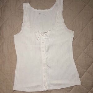 aerie White Ribbed Button-FrontTank with Front Tie Medium